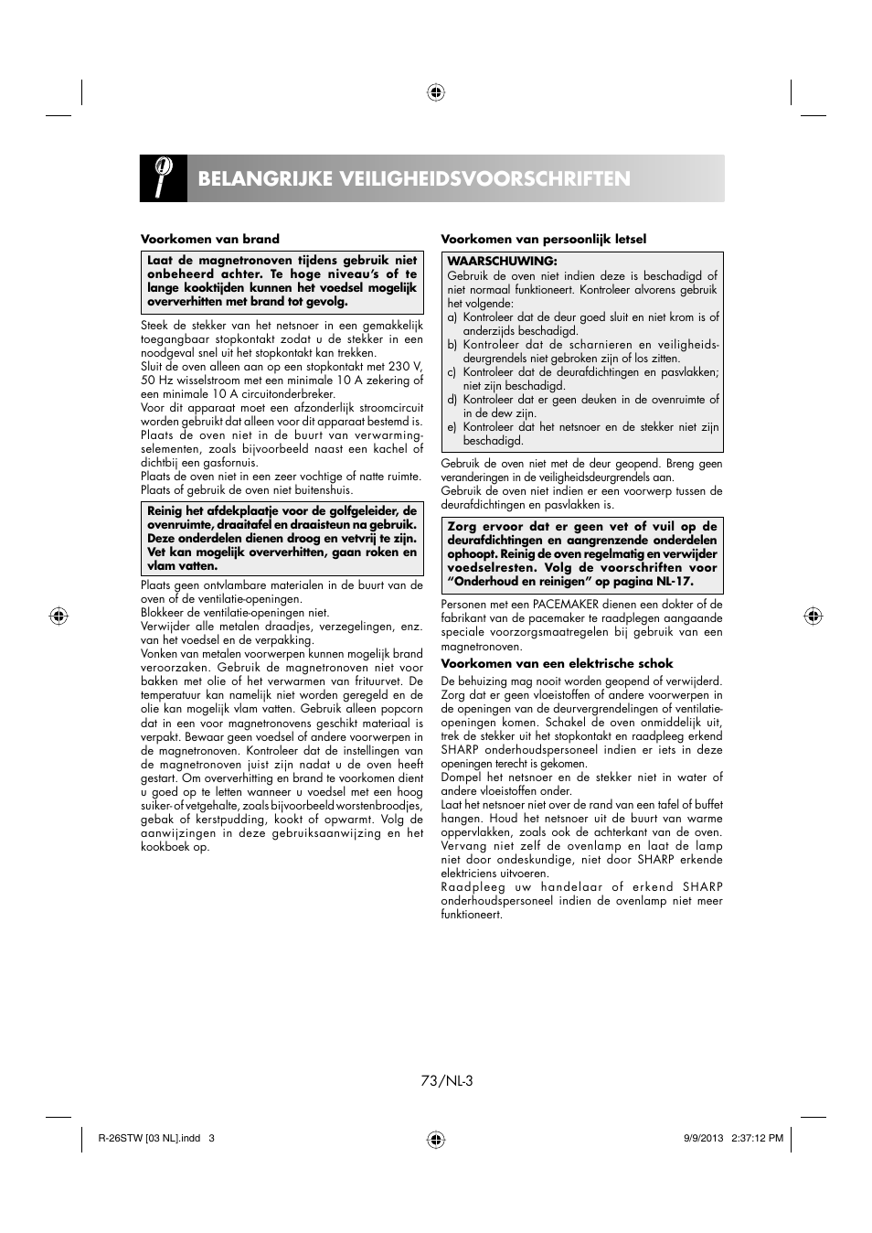 Belangrijke veiligheidsvoorschriften | Sharp R-261STW User Manual | Page 74 / 188