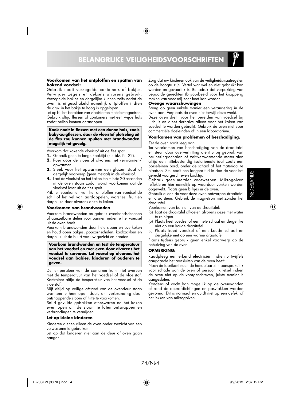 Belangrijke veiligheidsvoorschriften, Nederlands | Sharp R-261STW User Manual | Page 75 / 188