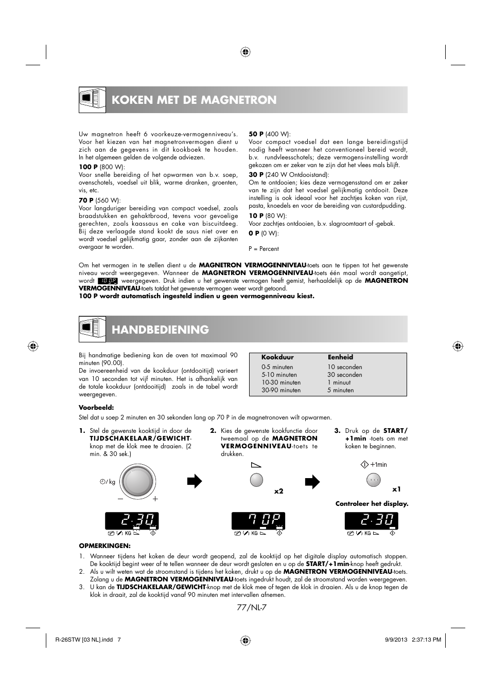 Koken met de magnetron, Handbediening | Sharp R-261STW User Manual | Page 78 / 188