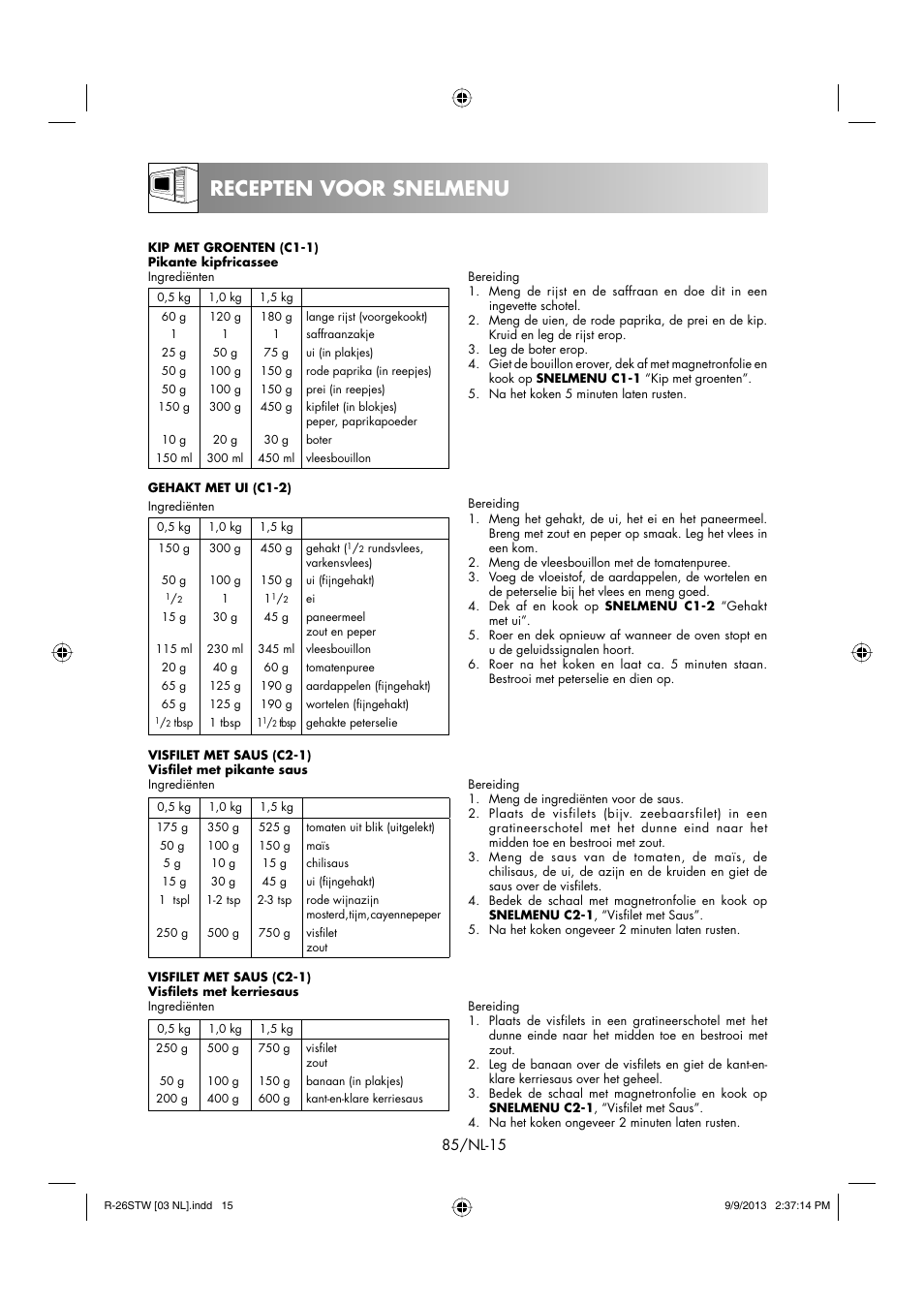 Recepten voor snelmenu | Sharp R-261STW User Manual | Page 86 / 188