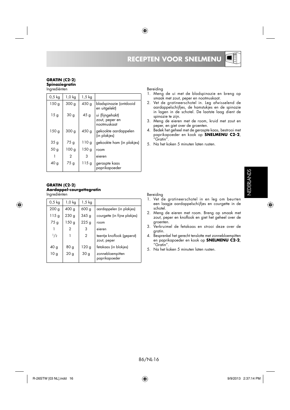 Recepten voor snelmenu, Nederlands | Sharp R-261STW User Manual | Page 87 / 188