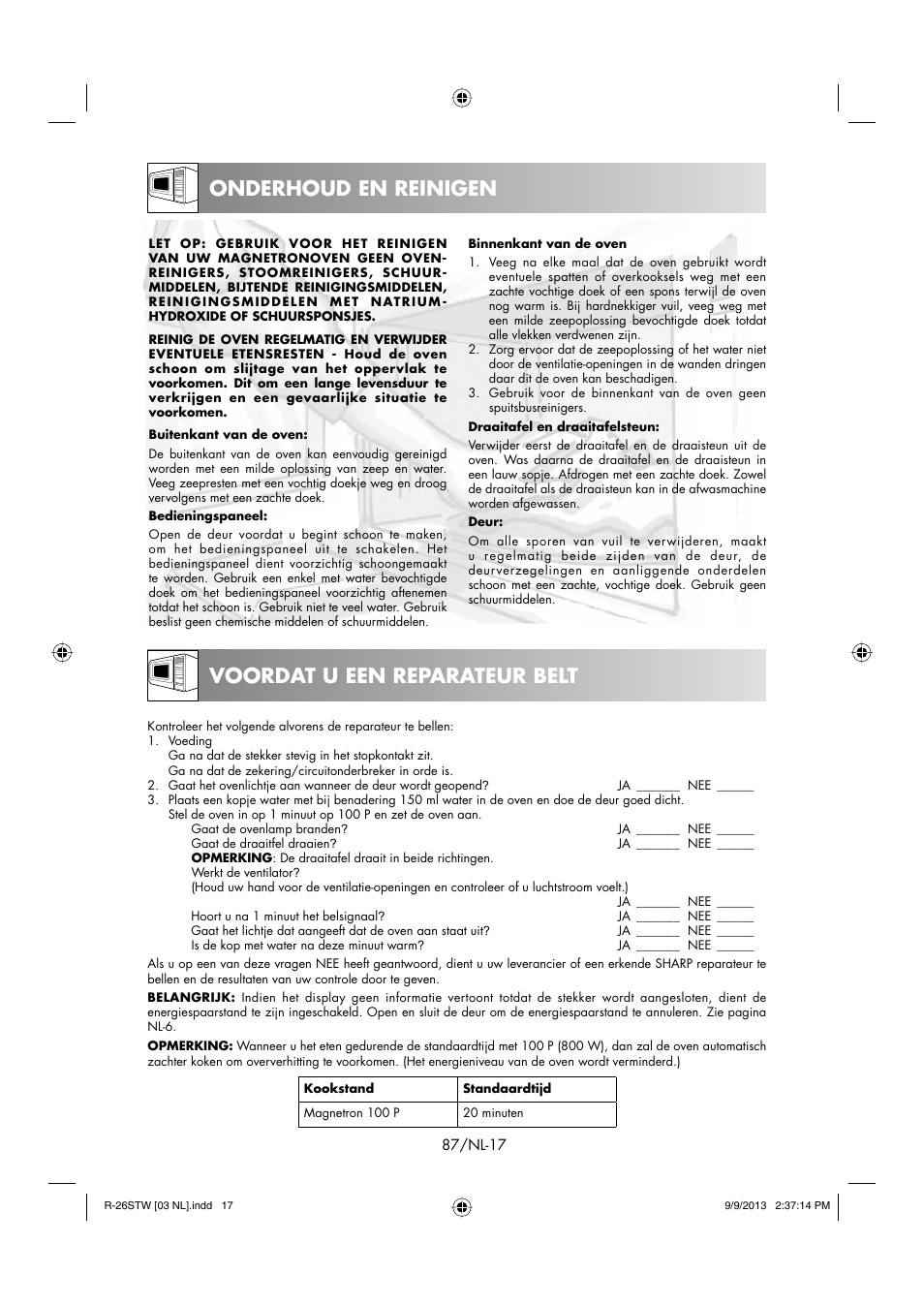 Onderhoud en reinigen, Voordat u een reparateur belt | Sharp R-261STW User Manual | Page 88 / 188