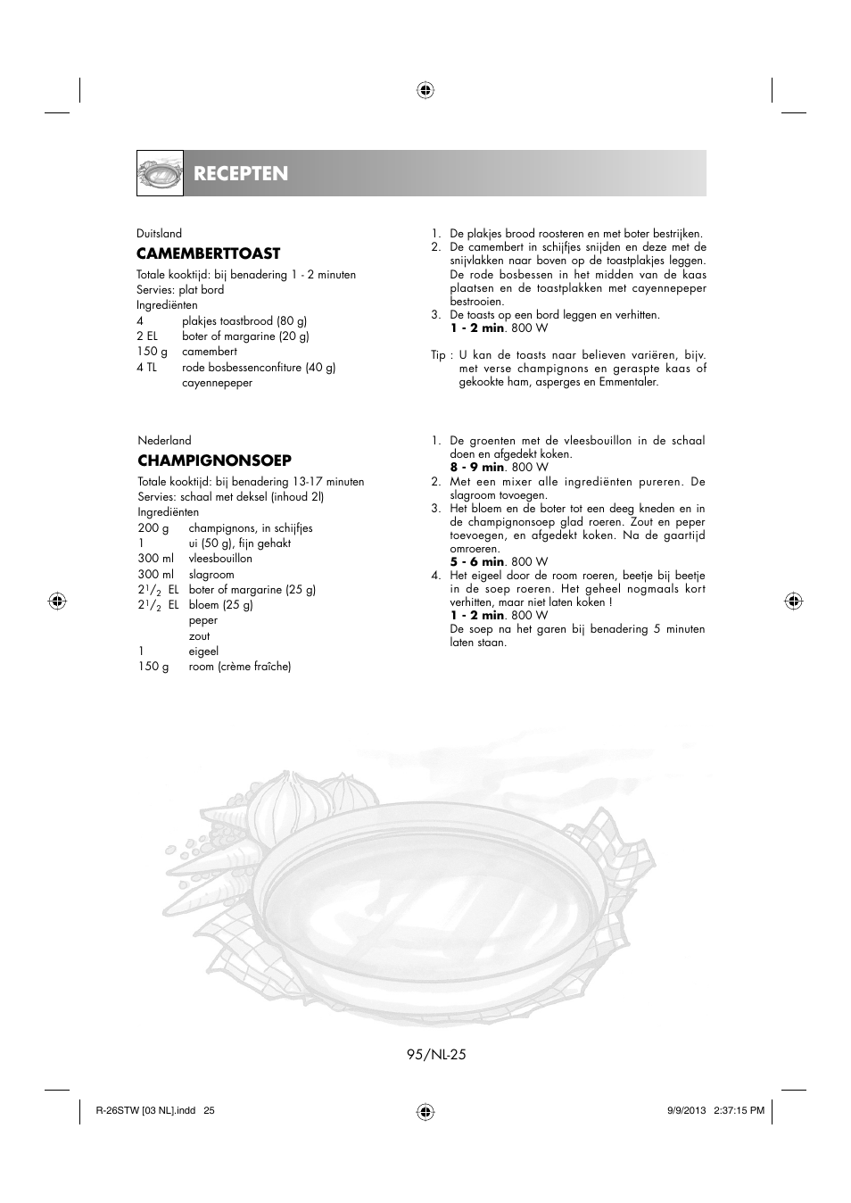 Recepten, Camemberttoast, Champignonsoep | Sharp R-261STW User Manual | Page 96 / 188
