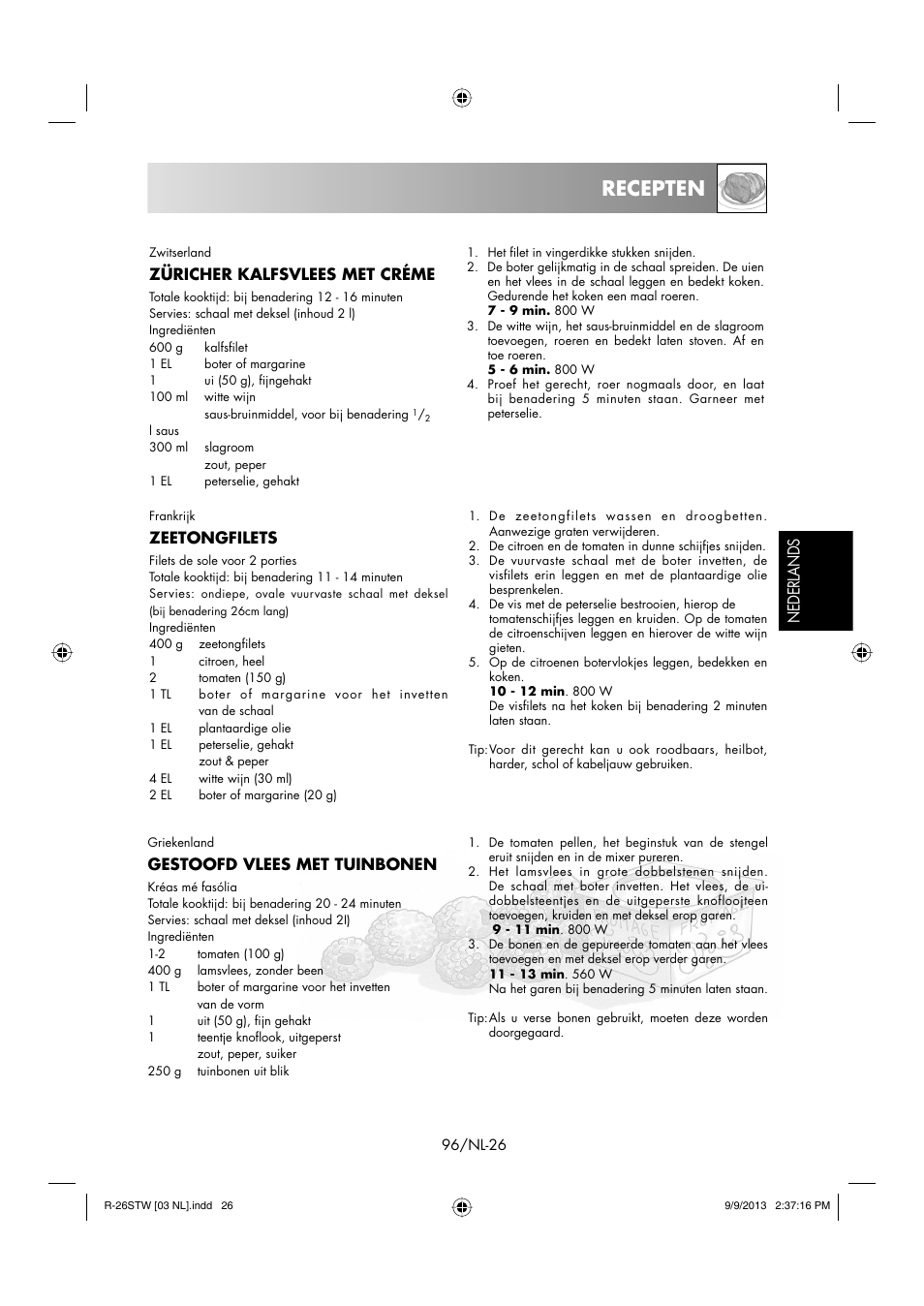 Recepten, Nederlands, Gestoofd vlees met tuinbonen | Züricher kalfsvlees met créme, Zeetongfilets | Sharp R-261STW User Manual | Page 97 / 188