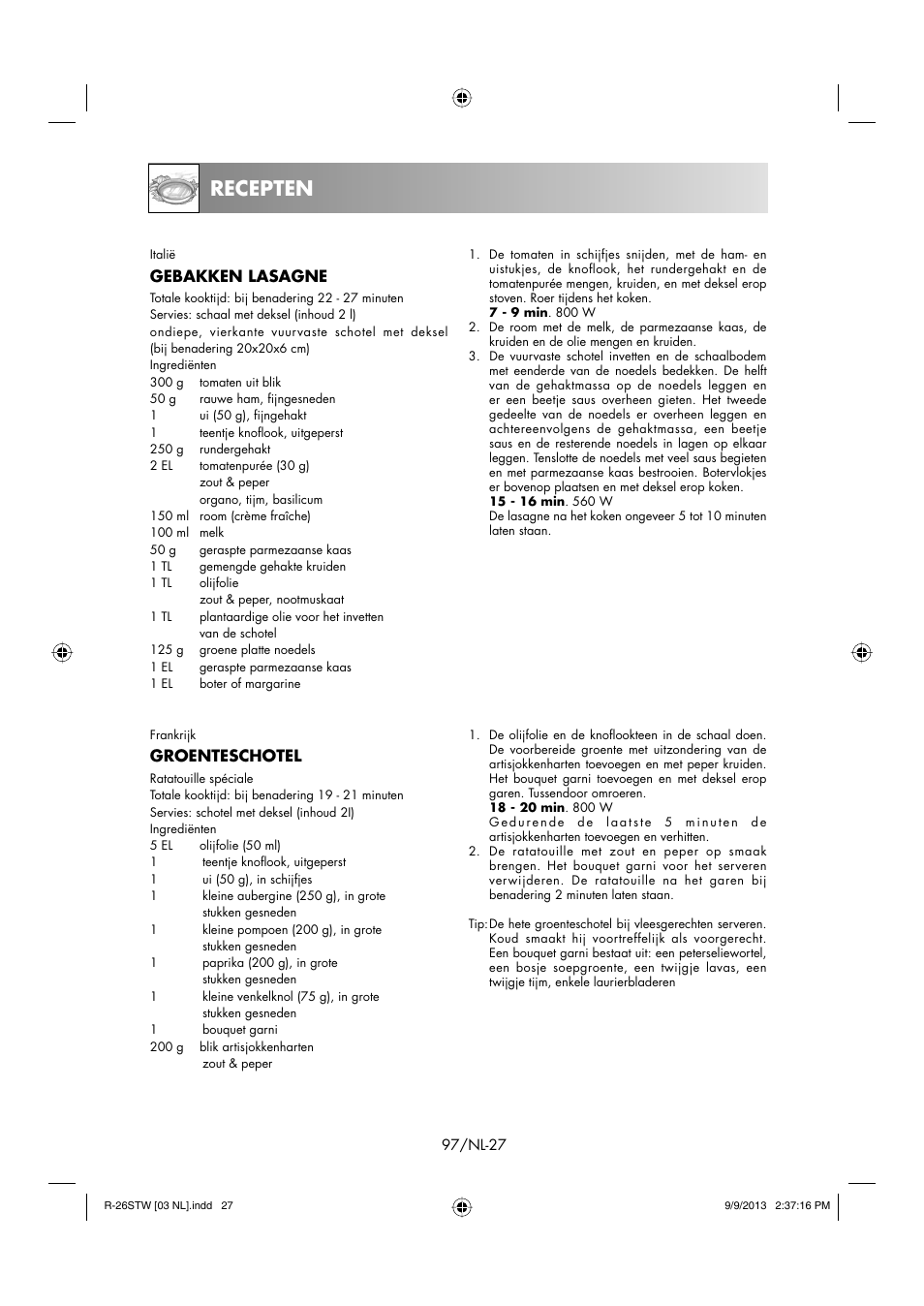 Recepten, Gebakken lasagne, Groenteschotel | Sharp R-261STW User Manual | Page 98 / 188