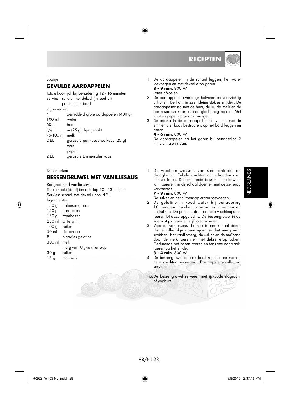 Recepten, Nederlands, Gevulde aardappelen | Bessengruwel met vanillesaus | Sharp R-261STW User Manual | Page 99 / 188