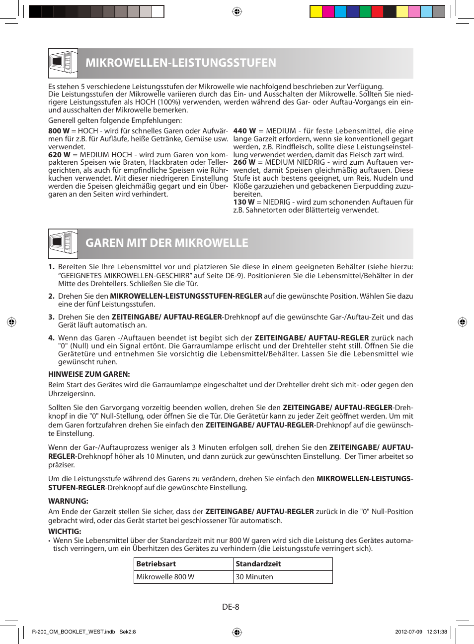 Mikrowellen-leistungsstufen, Garen mit der mikrowelle | Sharp R-200BKW User Manual | Page 10 / 116
