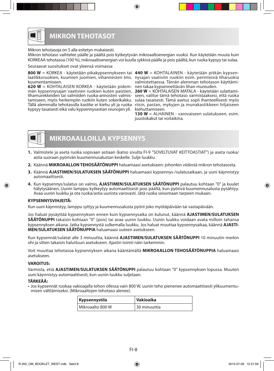 Mikron tehotasot, Mikroaalloilla kypsennys | Sharp R-200BKW User Manual | Page 100 / 116