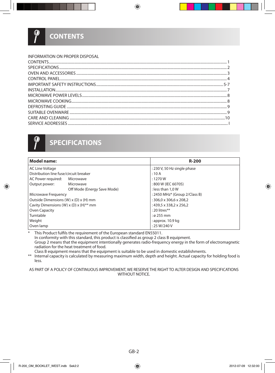 Specifications contents | Sharp R-200BKW User Manual | Page 104 / 116