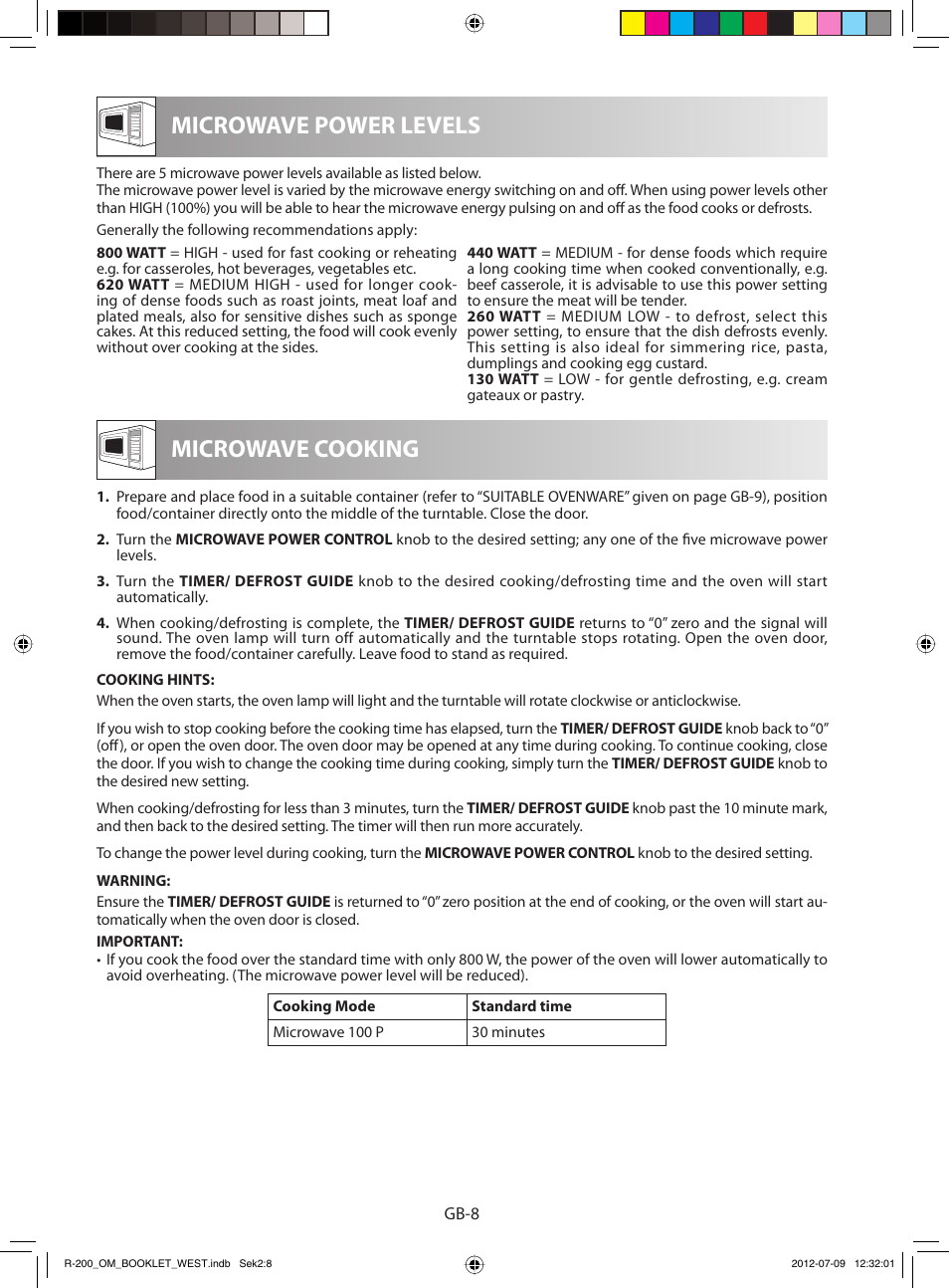 Microwave power levels, Microwave cooking | Sharp R-200BKW User Manual | Page 110 / 116
