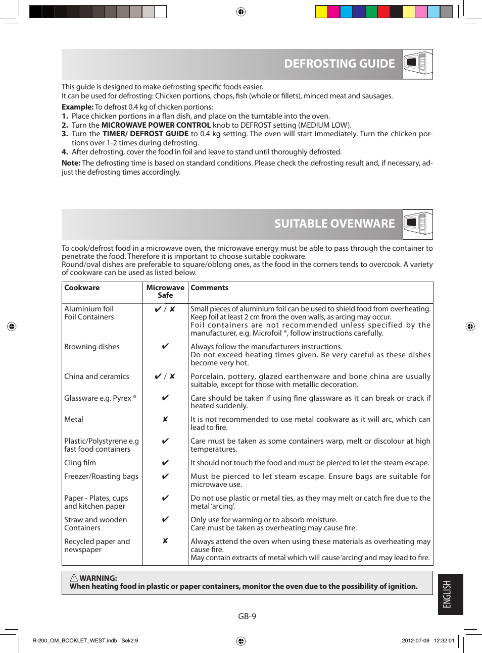Suitable ovenware defrosting guide, English | Sharp R-200BKW User Manual | Page 111 / 116