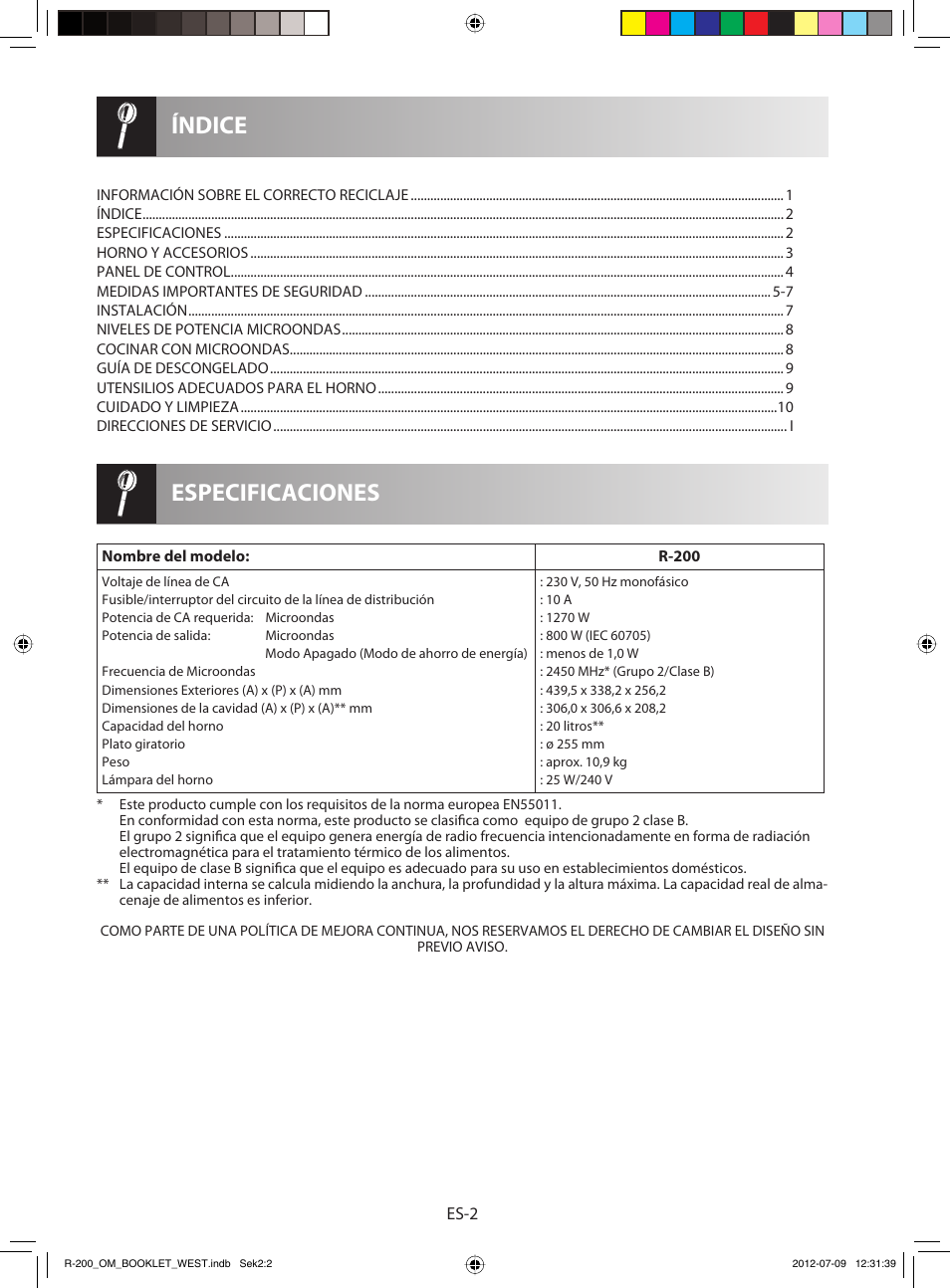 Especificaciones índice | Sharp R-200BKW User Manual | Page 14 / 116