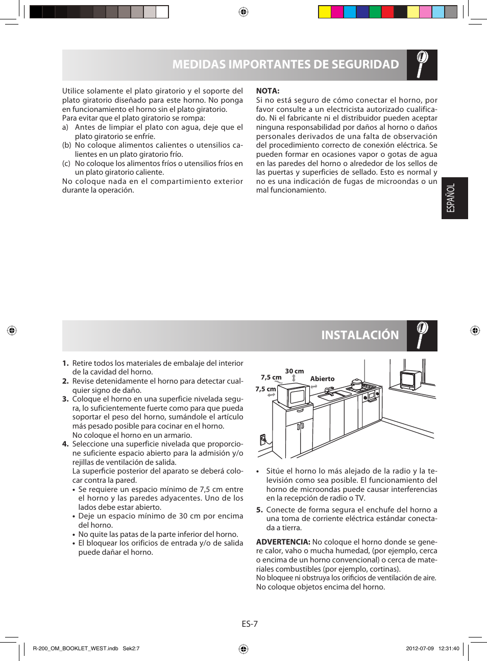 Instalación medidas importantes de seguridad, Esp añol | Sharp R-200BKW User Manual | Page 19 / 116