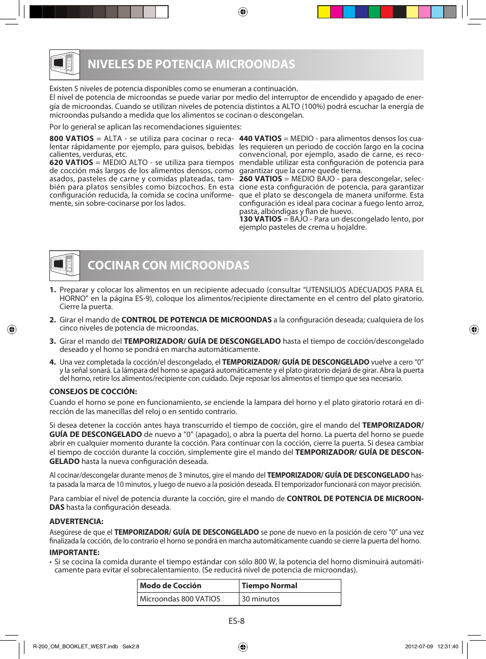 Niveles de potencia microondas, Cocinar con microondas | Sharp R-200BKW User Manual | Page 20 / 116