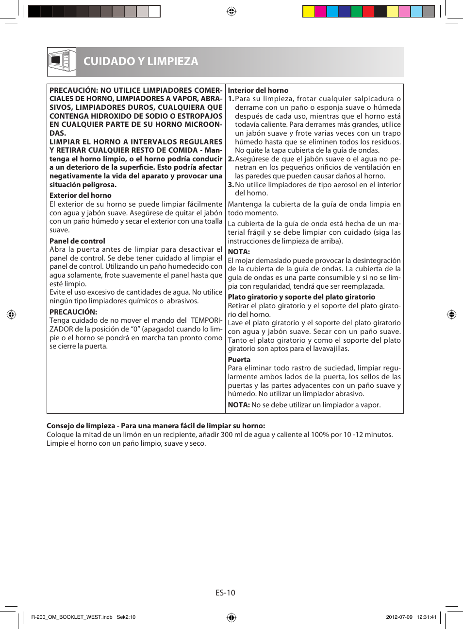 Cuidado y limpieza | Sharp R-200BKW User Manual | Page 22 / 116