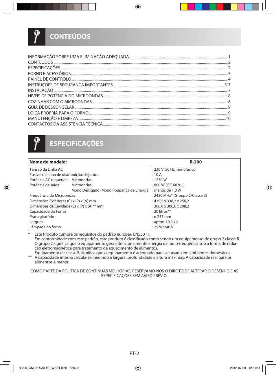 Especificações conteúdos | Sharp R-200BKW User Manual | Page 24 / 116