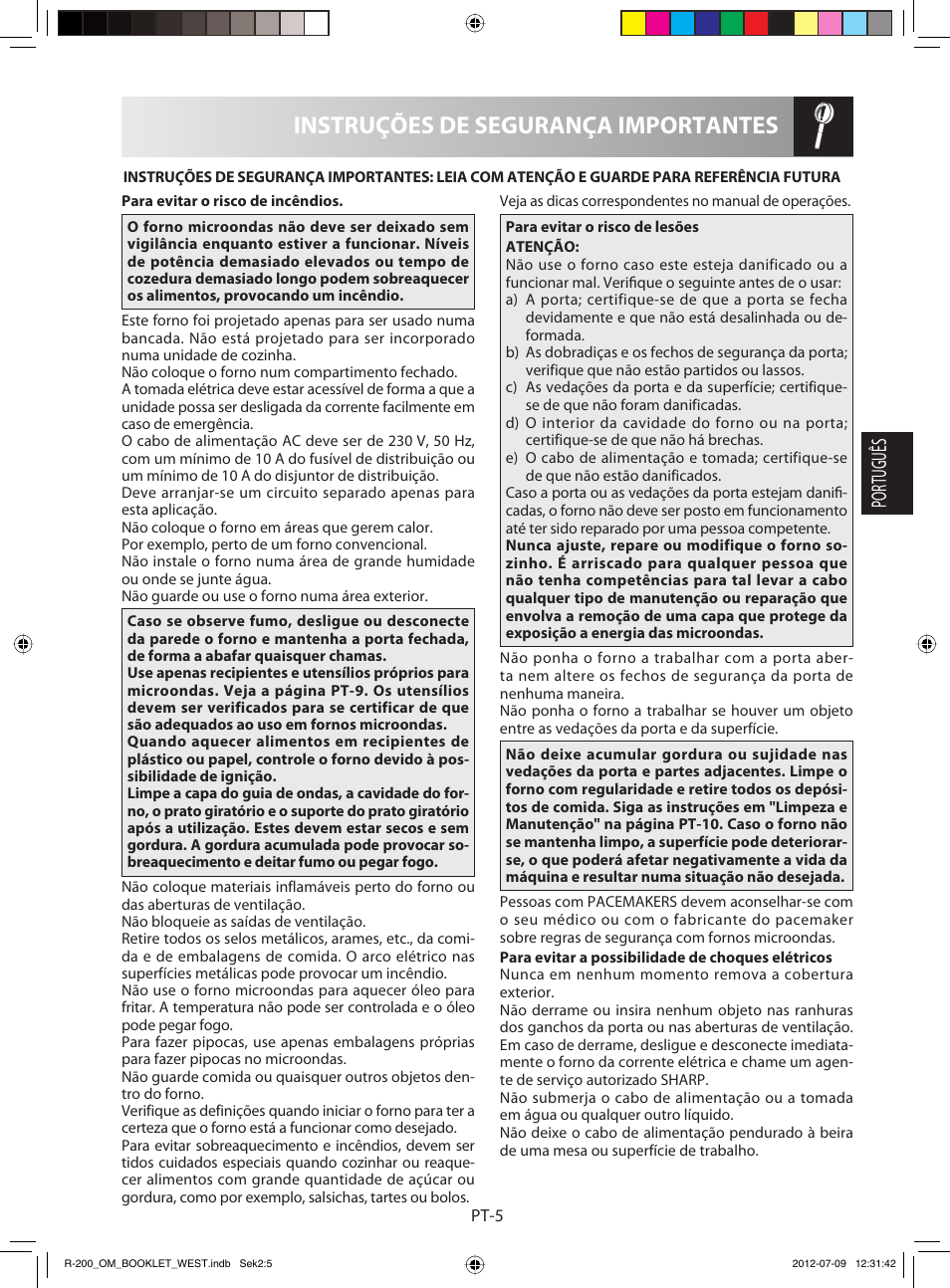Instruções de segurança importantes, Português | Sharp R-200BKW User Manual | Page 27 / 116