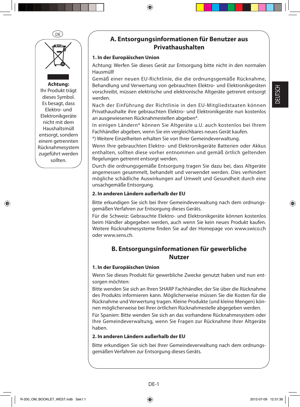 B. entsorgungsinformationen für gewerbliche nutzer | Sharp R-200BKW User Manual | Page 3 / 116