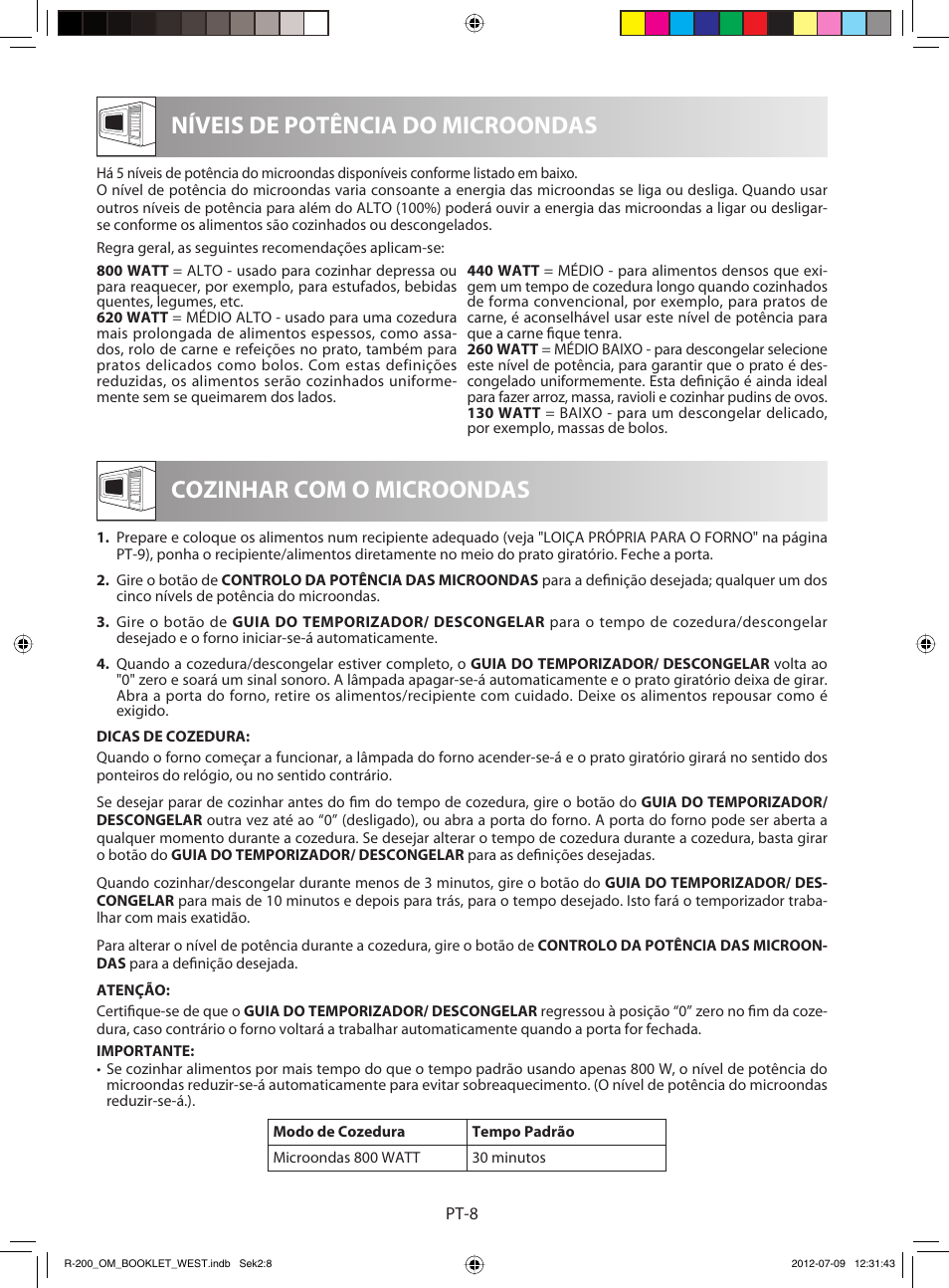 Níveis de potência do microondas, Cozinhar com o microondas | Sharp R-200BKW User Manual | Page 30 / 116