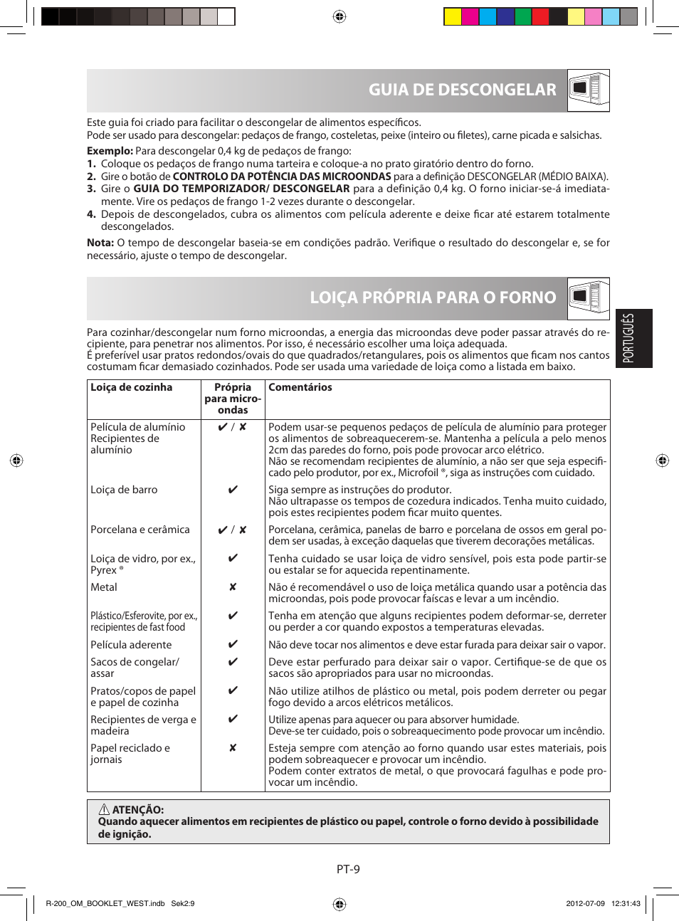 Loiça própria para o forno guia de descongelar, Português | Sharp R-200BKW User Manual | Page 31 / 116