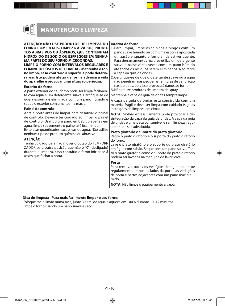 Manutenção e limpeza | Sharp R-200BKW User Manual | Page 32 / 116