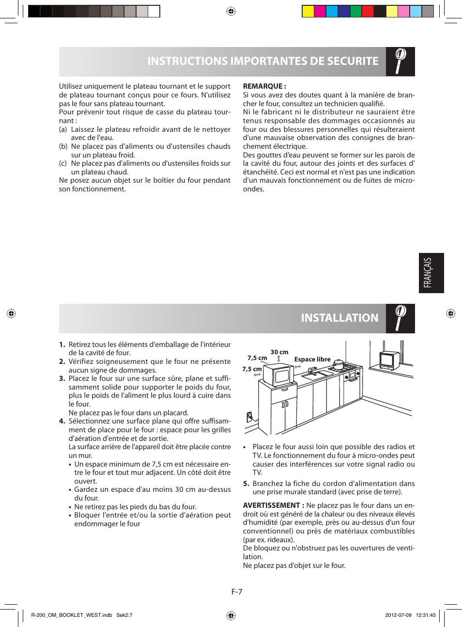 Installation instructions importantes de securite, Français | Sharp R-200BKW User Manual | Page 39 / 116