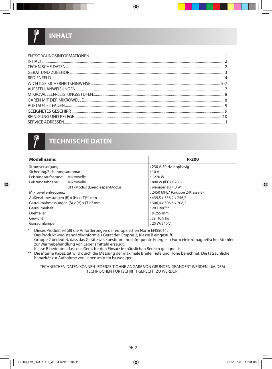 Technische daten inhalt | Sharp R-200BKW User Manual | Page 4 / 116