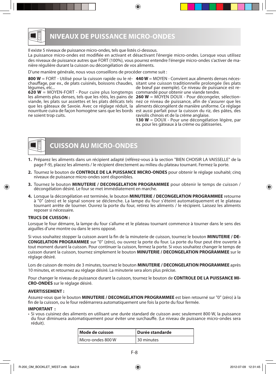 Niveaux de puissance micro-ondes, Cuisson au micro-ondes | Sharp R-200BKW User Manual | Page 40 / 116