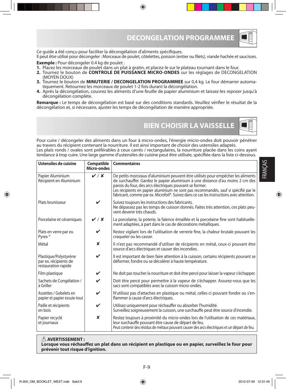 Decongelation programmee, Bien choisir la vaisselle, Français | Sharp R-200BKW User Manual | Page 41 / 116