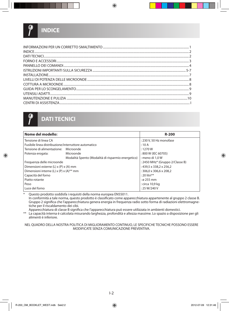 Dati tecnici indice | Sharp R-200BKW User Manual | Page 44 / 116