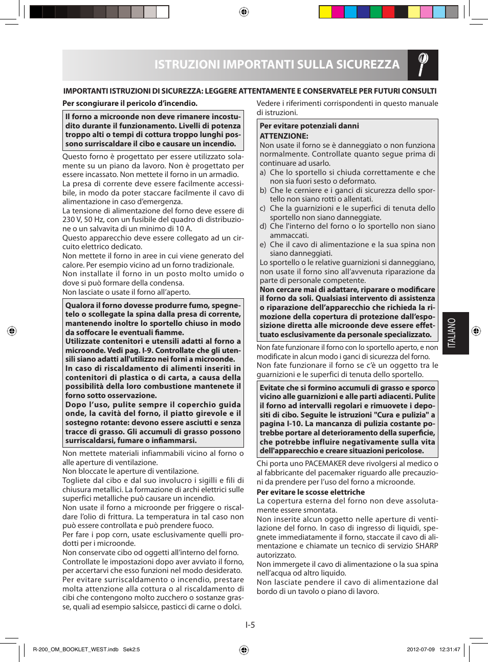 Istruzioni importanti sulla sicurezza, It aliano | Sharp R-200BKW User Manual | Page 47 / 116