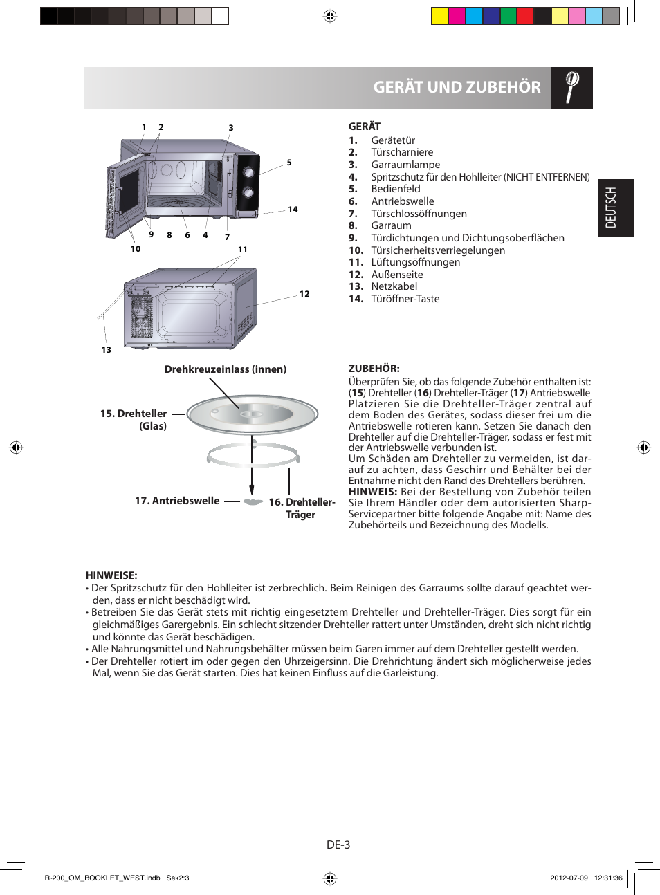 Gerät und zubehör, Deutsch | Sharp R-200BKW User Manual | Page 5 / 116