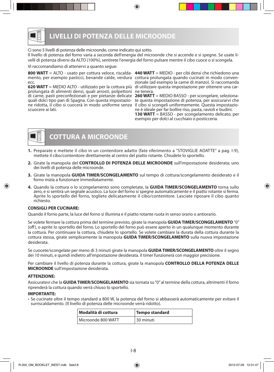 Livelli di potenza delle microonde, Cottura a microonde | Sharp R-200BKW User Manual | Page 50 / 116