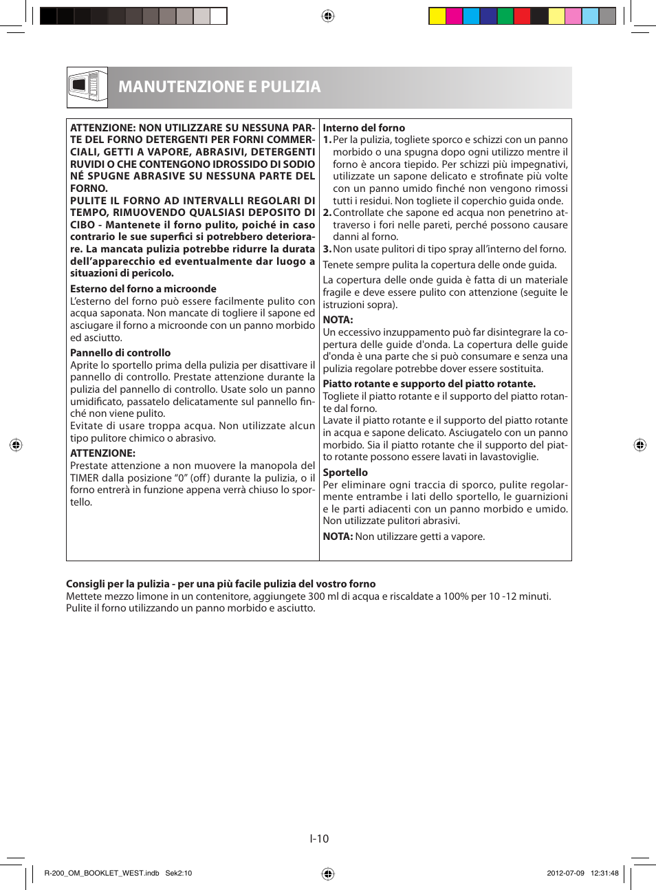 Manutenzione e pulizia | Sharp R-200BKW User Manual | Page 52 / 116