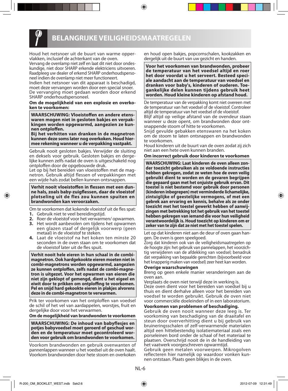 Belangrijke veiligheidsmaatregelen | Sharp R-200BKW User Manual | Page 58 / 116