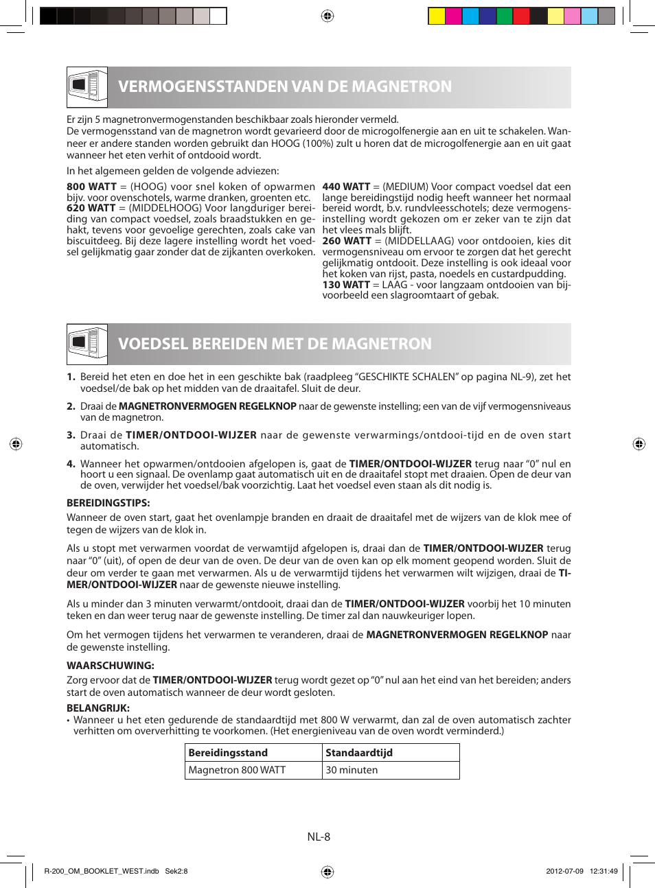 Vermogensstanden van de magnetron, Voedsel bereiden met de magnetron | Sharp R-200BKW User Manual | Page 60 / 116