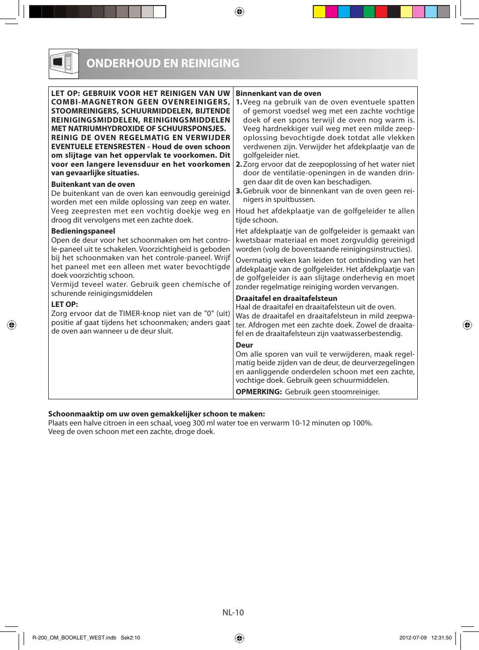 Onderhoud en reiniging | Sharp R-200BKW User Manual | Page 62 / 116