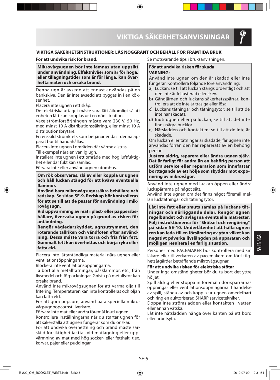 Viktiga säkerhetsanvisningar, Svensk a | Sharp R-200BKW User Manual | Page 67 / 116