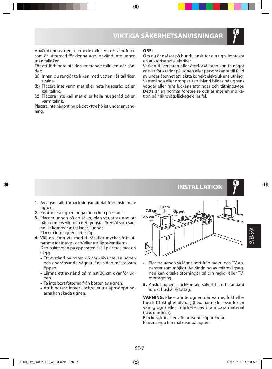 Installation viktiga säkerhetsanvisningar, Svensk a | Sharp R-200BKW User Manual | Page 69 / 116