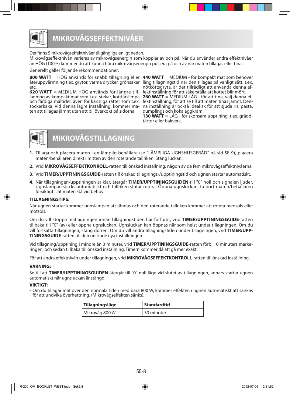 Mikrovågseffektnivåer, Mikrovågstillagning | Sharp R-200BKW User Manual | Page 70 / 116