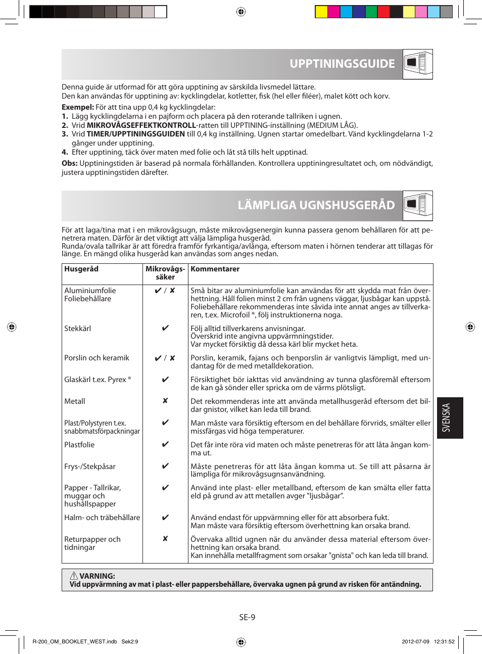 Lämpliga ugnshusgeråd upptiningsguide, Svensk a | Sharp R-200BKW User Manual | Page 71 / 116