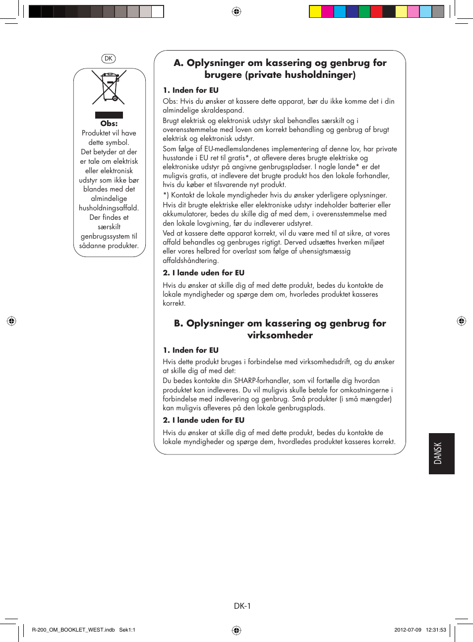 Dansk | Sharp R-200BKW User Manual | Page 73 / 116