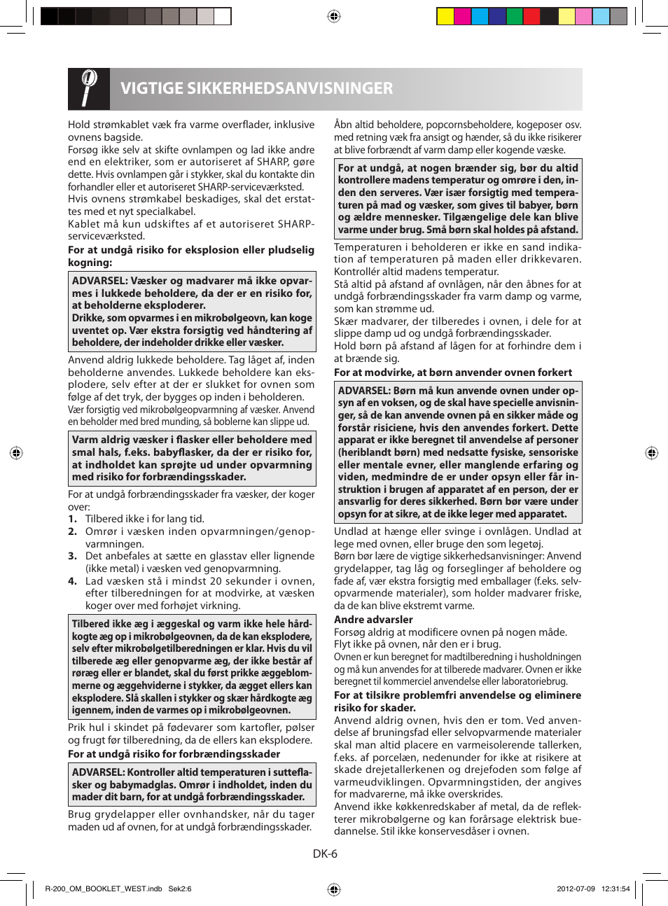Vigtige sikkerhedsanvisninger | Sharp R-200BKW User Manual | Page 78 / 116
