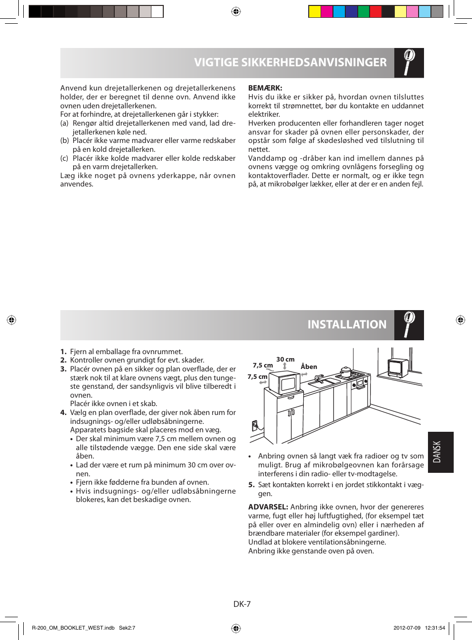 Installation vigtige sikkerhedsanvisninger, Dansk | Sharp R-200BKW User Manual | Page 79 / 116