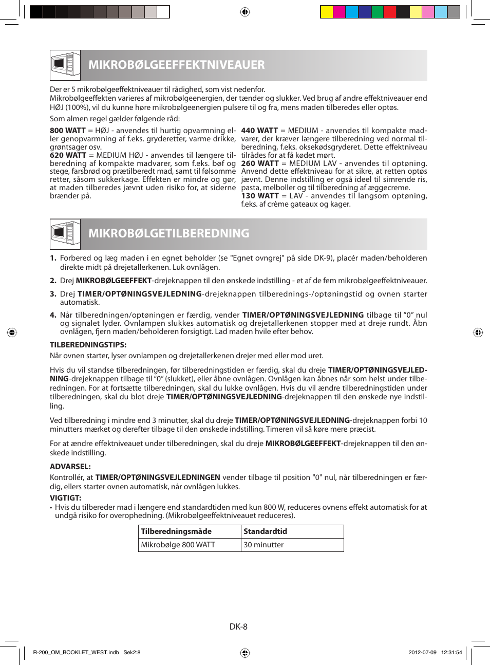 Mikrobølgeeffektniveauer, Mikrobølgetilberedning | Sharp R-200BKW User Manual | Page 80 / 116