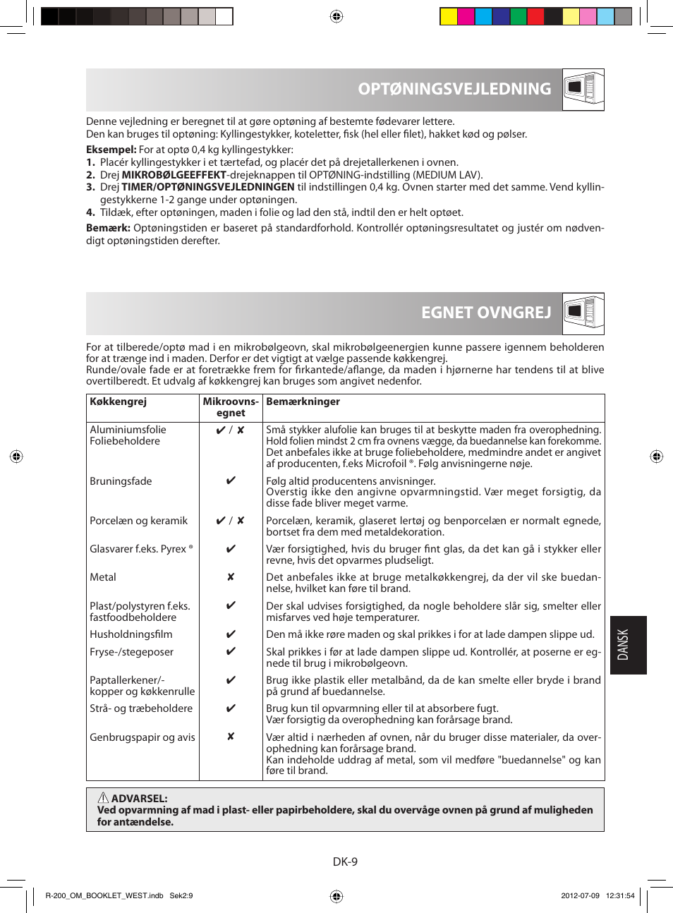 Egnet ovngrej optøningsvejledning, Dansk | Sharp R-200BKW User Manual | Page 81 / 116