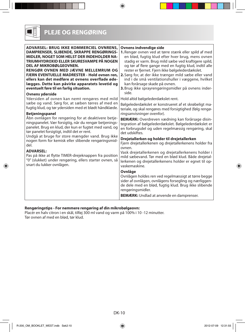 Pleje og rengøring | Sharp R-200BKW User Manual | Page 82 / 116