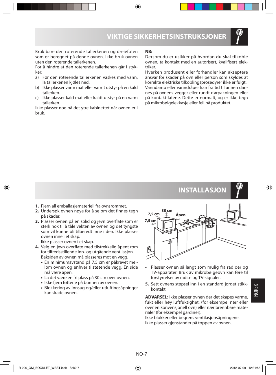 Installasjon viktige sikkerhetsinstruksjoner, Norsk | Sharp R-200BKW User Manual | Page 89 / 116