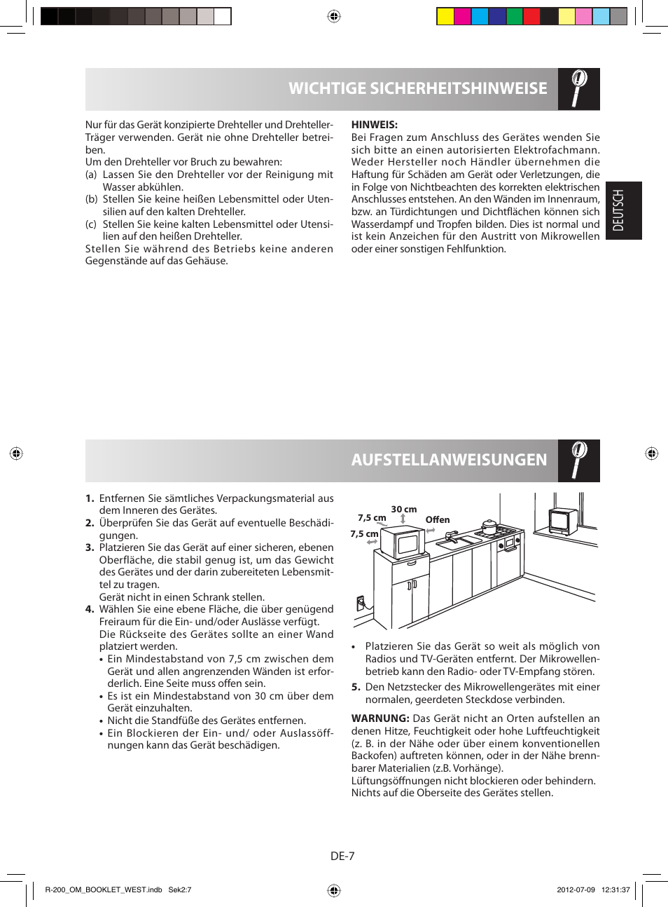 Aufstellanweisungen wichtige sicherheitshinweise, Deutsch | Sharp R-200BKW User Manual | Page 9 / 116