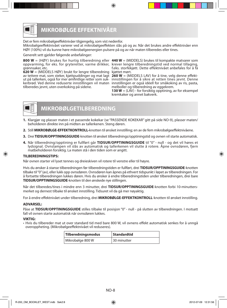 Mikrobølge effektnivåer, Mikrobølgetilberedning | Sharp R-200BKW User Manual | Page 90 / 116